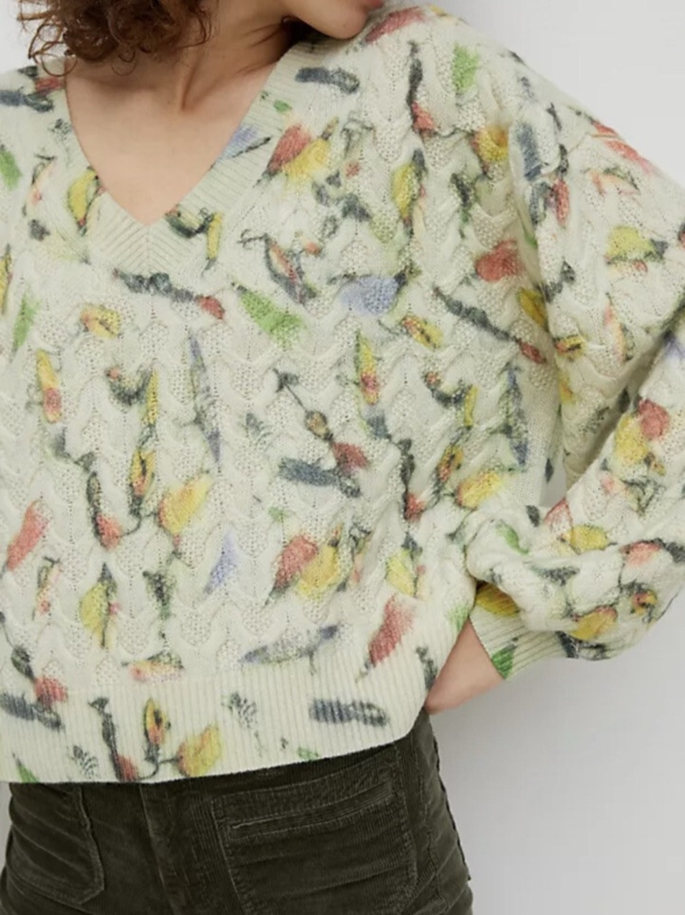 Anthropologie Catch of the Day Lambswool Cable Knit Sweater V-neck Birds Medium - Picture 10 of 10